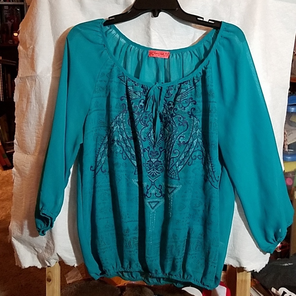 Teal Sheer Printed Fabric Elastic Waist & Sleeves
